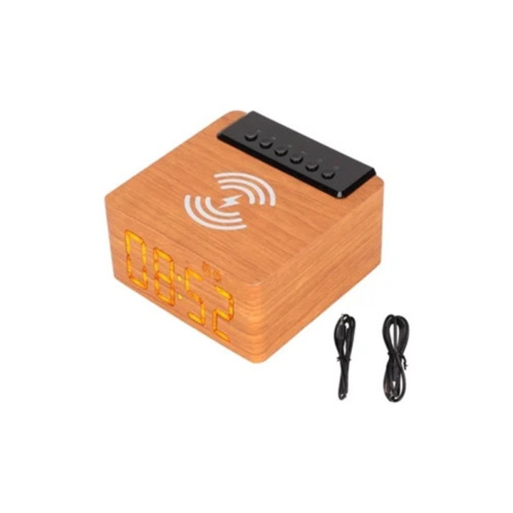 Ceas decorativ din lemn cu difuzor wireless, multifunctional, suport memorie wireless, USB, AUX, FM