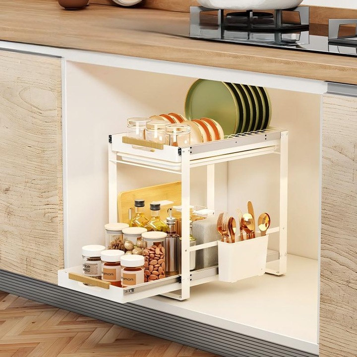 Scurgator Vase Extensibil cu suport cutite si tacamuri, suport pahare, tava scurgere, amovibil, Organizator Bucatarie Cu Suport Farfurii,40,5 x 28,5 x 40,5 cm, Otel, Alb