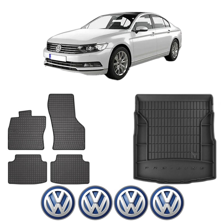 Set Covorase Auto Si Tavita Portbagaj Volkswagen PASSAT B8 (3G2, CB2) din 2014-2024, Cauciuc, Protectie Porbagaj, 4x Stickere auto cu Volkswagen