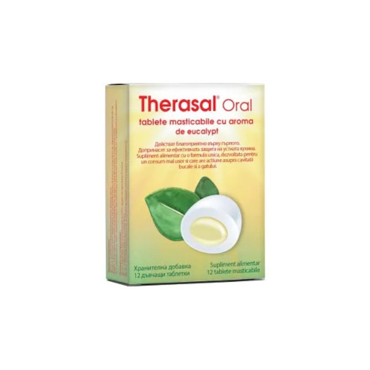 Tablete masticabile de eucalipt Therasal Oral, set 12 bucati, cu vitamine C si E, extracte de plante