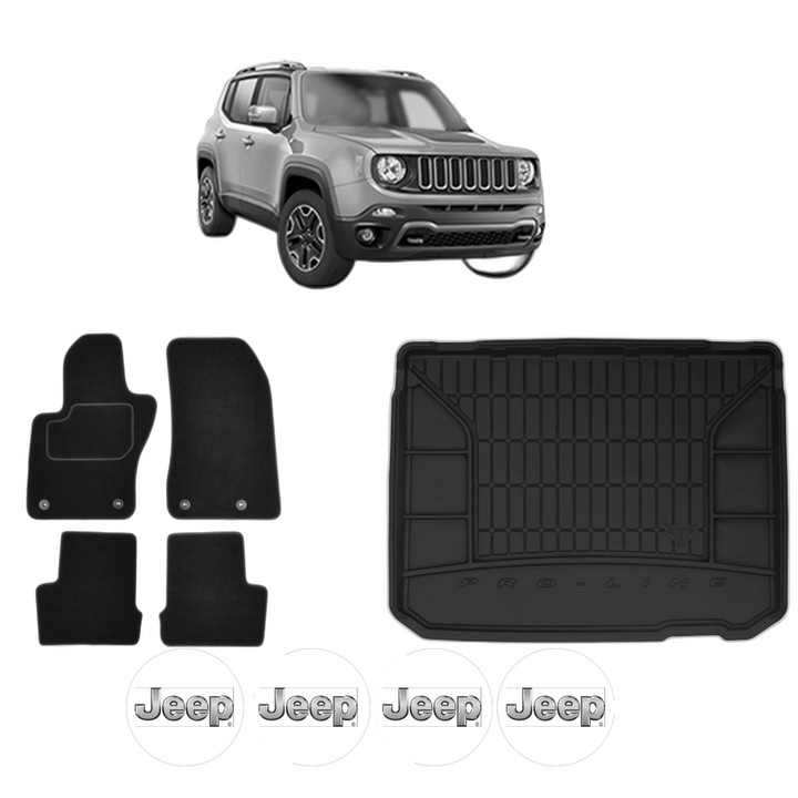 Set Covorase Auto Si Tavita Portbagaj JEEP RENEGADE SUV (BU, B1, BV) din 2014-2022, Cauciuc, Protectie Porbagaj, 4x Stickere auto cu JEEP
