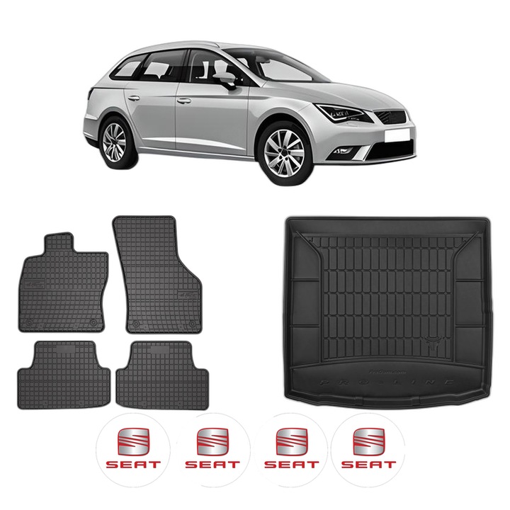 Set Covorase Auto Si Tavita Portbagaj SEAT LEON ST (5F8) din 2012-2020, Cauciuc, Protectie Porbagaj, 4x Stickere auto cu SEAT