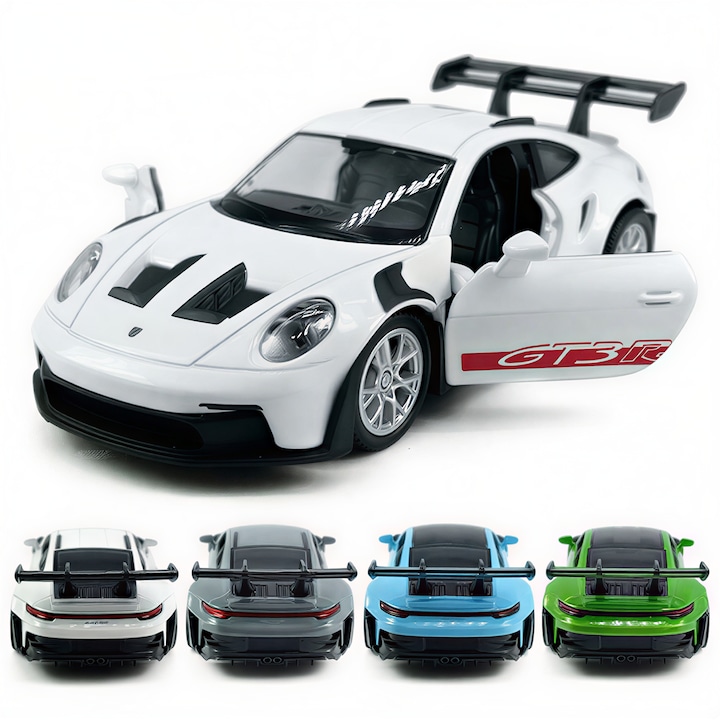 Autómodell Porsche 911, 15 cm, visszahúzós funkció, nyitható ajtók, motorháztető és csomagtartó, fény és hang, fehér