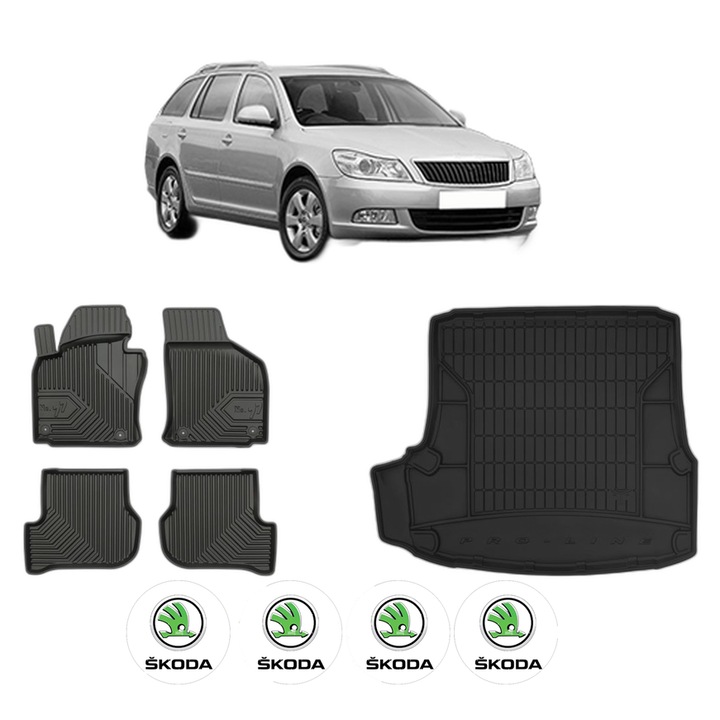 Set Covorase Auto Si Tavita Portbagaj SKODA OCTAVIA II Combi (1Z5) din 2004-2013, Cauciuc, Protectie Porbagaj, 4x Stickere auto cu SKODA