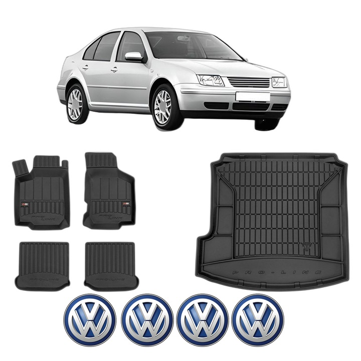 Set Covorase Auto Si Tavita Portbagaj Volkswagen BORA I (1J2) din 1998-2013, Cauciuc, Protectie Porbagaj, 4x Stickere auto cu Volkswagen
