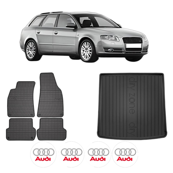 Set Covorase Auto Si Tavita Portbagaj AUDI A4 B7 Avant (8ED) din 2004-2008, Cauciuc, Protectie Porbagaj, 4x Stickere auto cu AUDI