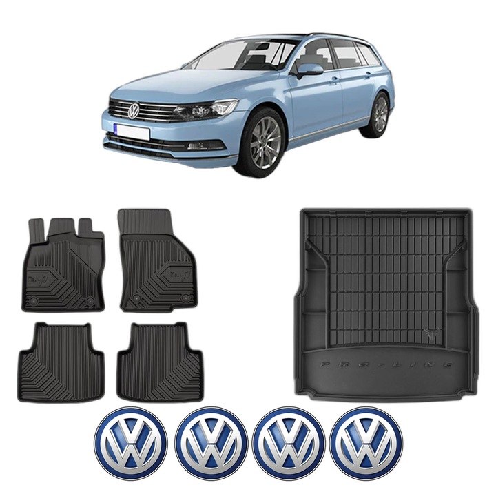 Set Covorase Auto Si Tavita Portbagaj Volkswagen PASSAT B8 Variant (3G5, CB5) din 2014-2024, Cauciuc, Protectie Porbagaj, 4x Stickere auto cu Volkswagen
