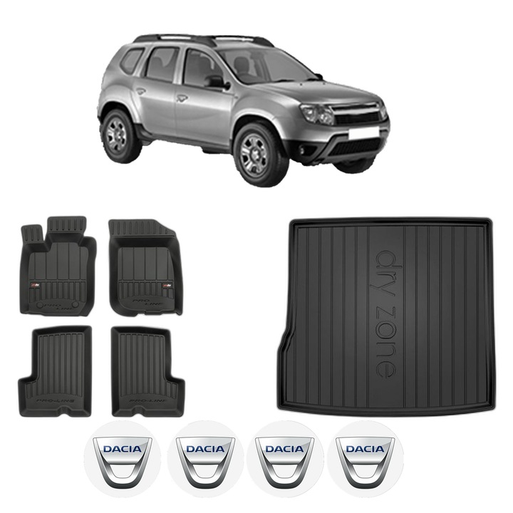 Set Covorase Auto Si Tavita Portbagaj DACIA DUSTER (HS_) din 2010-2018, Cauciuc, Protectie Porbagaj, 4x Stickere auto cu DACIA