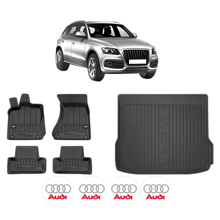 Set Covorase Auto Si Tavita Portbagaj AUDI Q5 (8RB) din 2008-2017, Cauciuc, Protectie Porbagaj, 4x Stickere auto cu AUDI