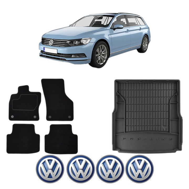 Set Covorase Auto Si Tavita Portbagaj Volkswagen PASSAT B8 Variant (3G5, CB5) din 2014-2024, Cauciuc, Protectie Porbagaj, 4x Stickere auto cu Volkswagen