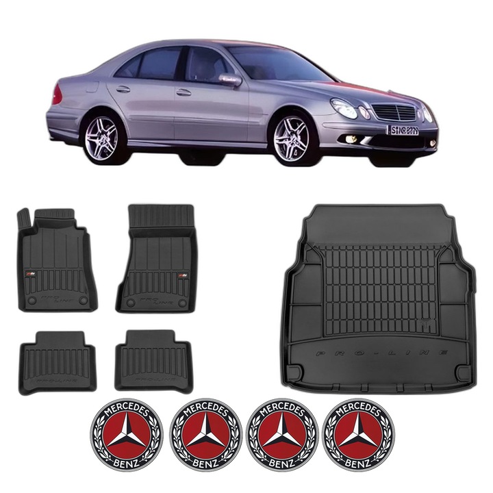 Set Covorase Auto Si Tavita Portbagaj MERCEDES-BENZ E-CLASS (W211) din 2002-2008, Cauciuc, Protectie Porbagaj, 4x Stickere auto cu MERCEDES-BENZ