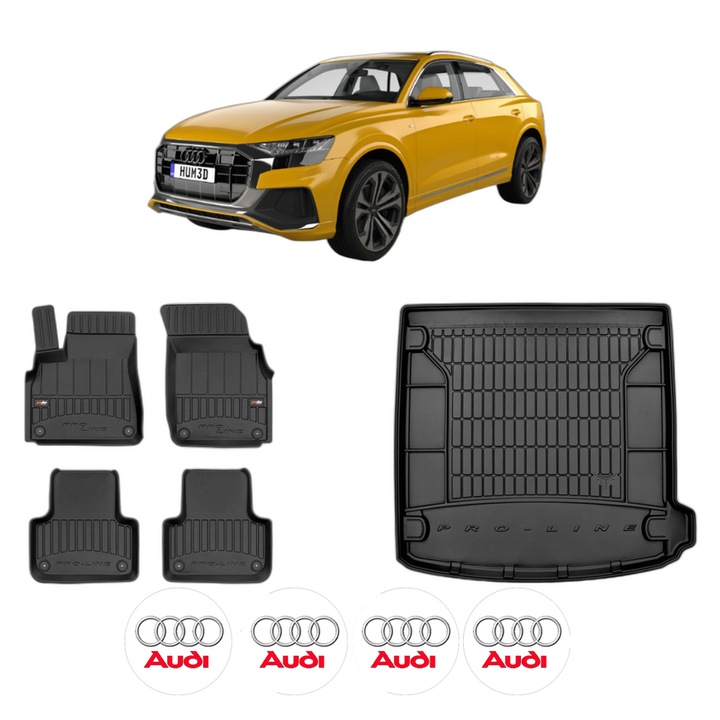 Set Covorase Auto Si Tavita Portbagaj AUDI Q8 (4MN, 4MT) din 2018-2024, Cauciuc, Protectie Porbagaj, 4x Stickere auto cu AUDI
