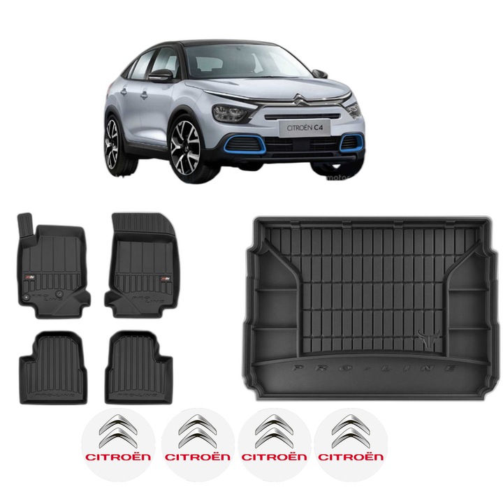 Set Covorase Auto Si Tavita Portbagaj CITROEN C4 III (BA_, BB_, BC_) din 2020-2021, Cauciuc, Protectie Porbagaj, 4x Stickere auto cu CITROEN