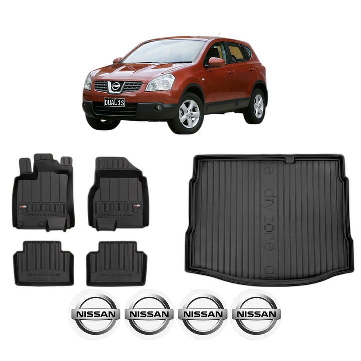 Set Covorase Auto Si Tavita Portbagaj NISSAN QASHQAI I (J10, NJ10) din 2006-2014, Cauciuc, Protectie Porbagaj, 4x Stickere auto cu NISSAN