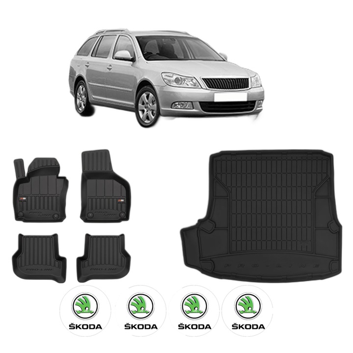 Set Covorase Auto Si Tavita Portbagaj SKODA OCTAVIA II Combi (1Z5) din 2004-2013, Cauciuc, Protectie Porbagaj, 4x Stickere auto cu SKODA