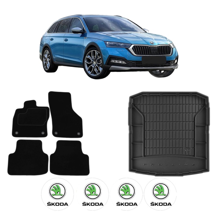 Set Covorase Auto Si Tavita Portbagaj SKODA OCTAVIA IV (NX3, NN3, PV3) din 2020-2024, Cauciuc, Protectie Porbagaj, 4x Stickere auto cu SKODA