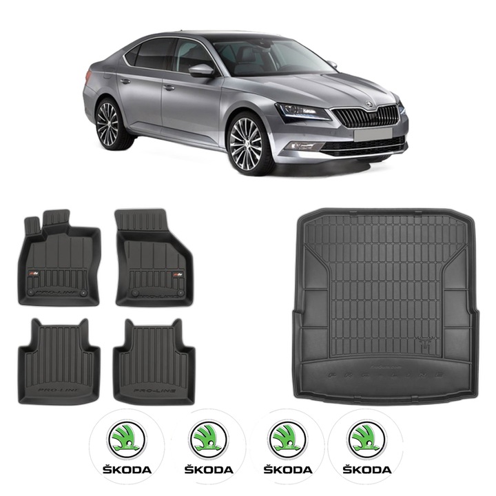 Set Covorase Auto Si Tavita Portbagaj SKODA SUPERB III (3V3) din 2015-2024, Cauciuc, Protectie Porbagaj, 4x Stickere auto cu SKODA