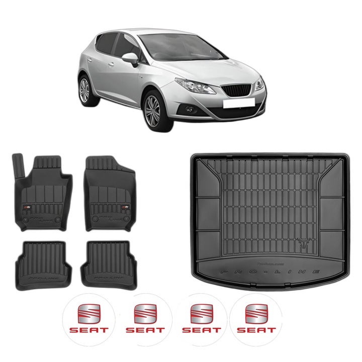 Set Covorase Auto Si Tavita Portbagaj SEAT IBIZA IV (6J5, 6P1) din 2008-2017, Cauciuc, Protectie Porbagaj, 4x Stickere auto cu SEAT