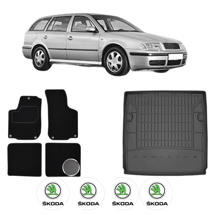 Set Covorase Auto Si Tavita Portbagaj SKODA OCTAVIA I Combi (1U5) din 1998-2010, Cauciuc, Protectie Porbagaj, 4x Stickere auto cu SKODA