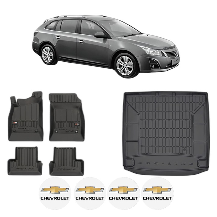 Set Covorase Auto Si Tavita Portbagaj CHEVROLET CRUZE Station Wagon (J308) din 2012-2015, Cauciuc, Protectie Porbagaj, 4x Stickere auto cu CHEVROLET