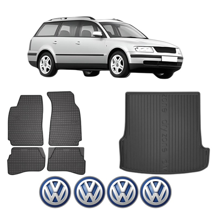 Set Covorase Auto Si Tavita Portbagaj Volkswagen PASSAT B5 Variant (3B5) din 1997-2000, Cauciuc, Protectie Porbagaj, 4x Stickere auto cu Volkswagen