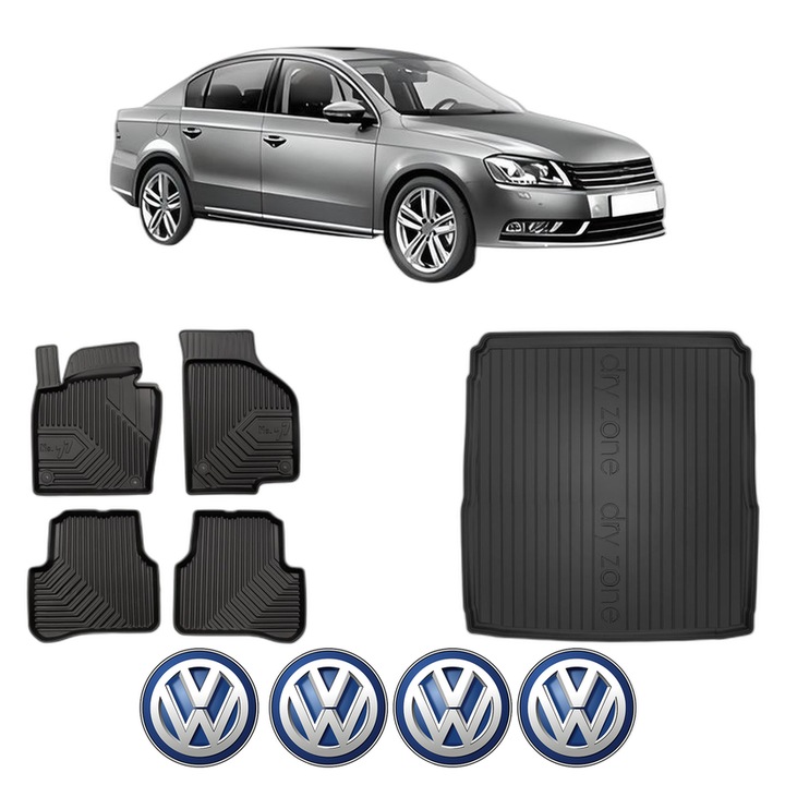 Set Covorase Auto Si Tavita Portbagaj Volkswagen PASSAT B7 (362) din 2010-2014, Cauciuc, Protectie Porbagaj, 4x Stickere auto cu Volkswagen