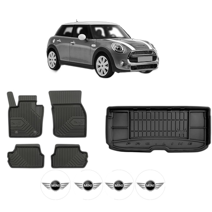 Set Covorase Auto Si Tavita Portbagaj MINI MINI (F55) din 2013-2020, Cauciuc, Protectie Porbagaj, 4x Stickere auto cu MINI