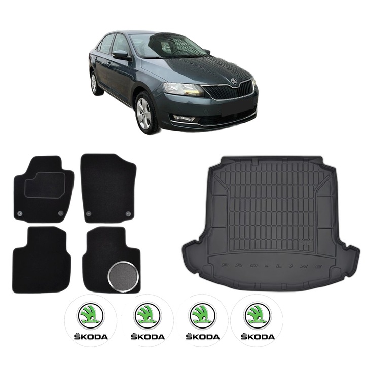 Set Covorase Auto Si Tavita Portbagaj SKODA RAPID (NH3, NK3, NK6) din 2012-2022, Cauciuc, Protectie Porbagaj, 4x Stickere auto cu SKODA