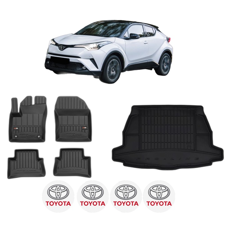 Set Covorase Auto Si Tavita Portbagaj TOYOTA C-HR (_X1_) din 2016-2019, Cauciuc, Protectie Porbagaj, 4x Stickere auto cu TOYOTA