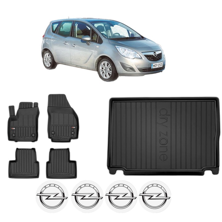 Set Covorase Auto Si Tavita Portbagaj OPEL MERIVA B MPV (S10) din 2010-2017, Cauciuc, Protectie Porbagaj, 4x Stickere auto cu OPEL