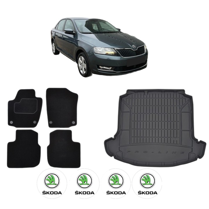 Set Covorase Auto Si Tavita Portbagaj SKODA RAPID (NH3, NK3, NK6) din 2012-2022, Cauciuc, Protectie Porbagaj, 4x Stickere auto cu SKODA