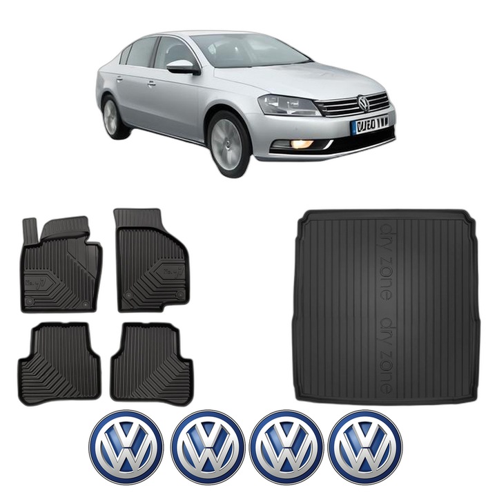 Set Covorase Auto Si Tavita Portbagaj Volkswagen PASSAT B7 (A32, A33) din 2011-2020, Cauciuc, Protectie Porbagaj, 4x Stickere auto cu Volkswagen