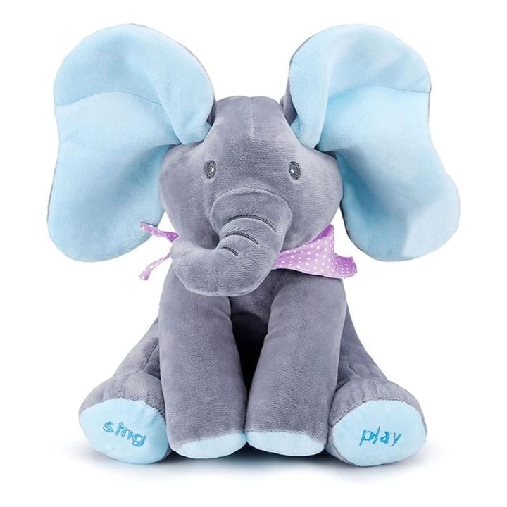 Jucărie interactivă din plus, Razo, Elefantul Cucu-Bau, sunete și mișcare, gri cu accente albastre, 3 ani