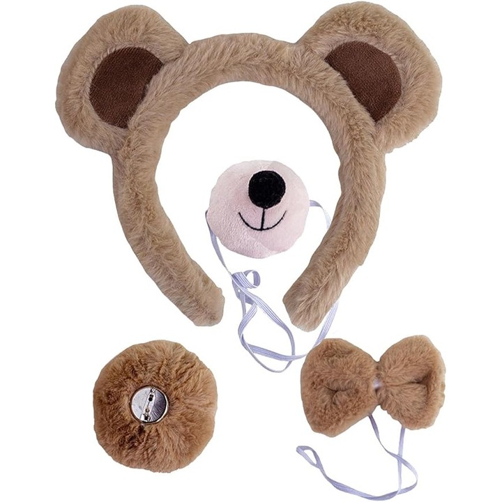 Set serbare Urs maro deschis, bentita, codita, nas, papion, marime universala, Funny Party Shop®