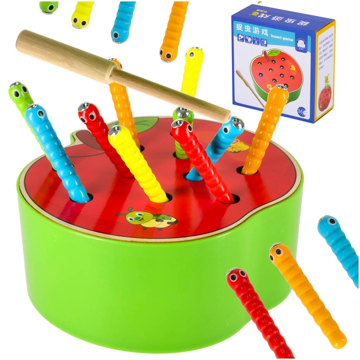 Jucarie interactiva copii, Luka, set cu 10 viermi colorati din lemn, mar, 15,5x15cm