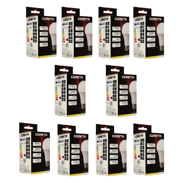 Комплект 10 бр. - LED крушка Cometa, 9W (60W), 800lm, студена светлина 6500k, 220V, E27