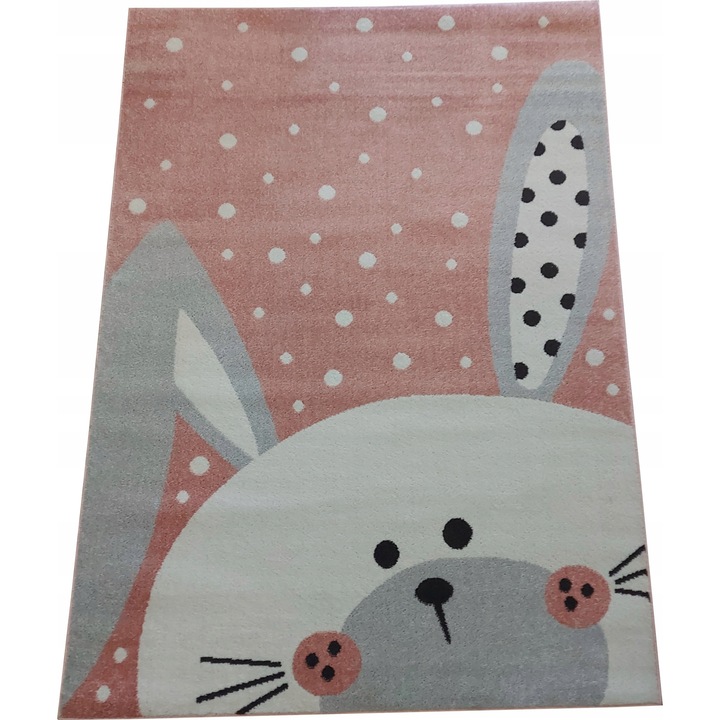 Covor pentru copii, 80x150 cm, iepuras, roz/crem, fir scurt, moale, Certificat Oeko-Tex, pentru incalzire prin pardoseala, 1650g/m2, polipropilena frise