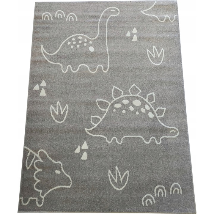 Covor pentru copii, 60x120 cm, dinozauri, gri, fir scurt, Certificat Oeko-Tex, pentru incalzire prin pardoseala, 1650g/m2, prietenos cu alergicii, polipropilena frise