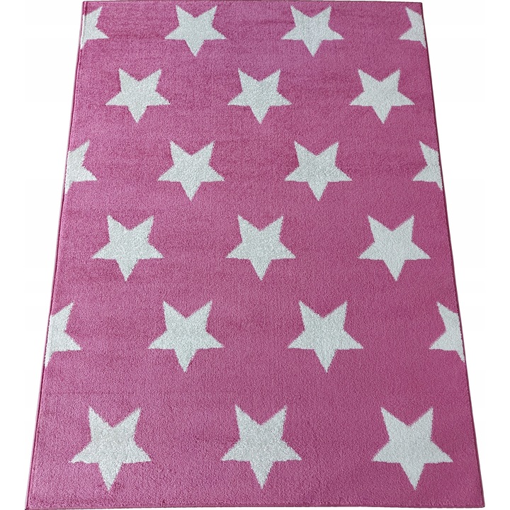 Covor pentru copii, 80x150 cm, stele, roz, fir scurt, Certificat Oeko-Tex, pentru incalzire prin pardoseala, 1650g/m2, prietenos cu alergicii, polipropilena frise
