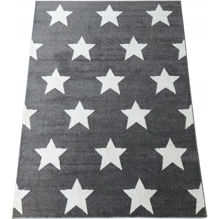 Covor pentru copii, 80x150 cm, stele, gri, fir scurt, pentru incalzire prin pardoseala, prietenos cu alergicii, 1650g/m2, polipropilena frise, Certificat Oeko-Tex