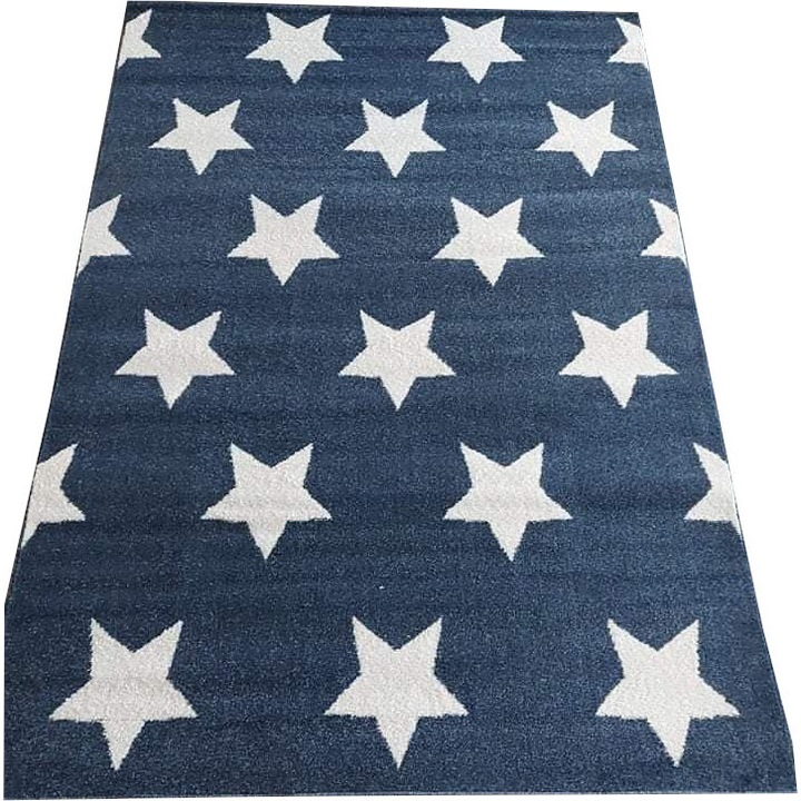 Covor pentru copii, 80x150 cm, stele, bleumarin, fir scurt, pentru incalzire prin pardoseala, prietenos cu alergicii, 1650g/m2, polipropilena frise, Certificat Oeko-Tex