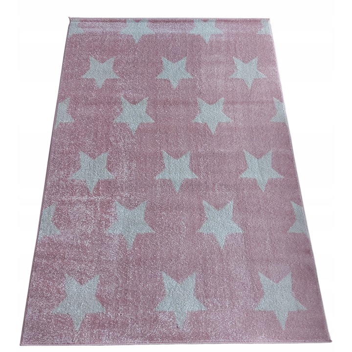 Covor pentru copii, 200x300 cm, stele, roz/gri, fir scurt, pentru incalzire prin pardoseala, prietenos cu alergicii, 1650g/m2, polipropilena frise, Certificat Oeko-Tex