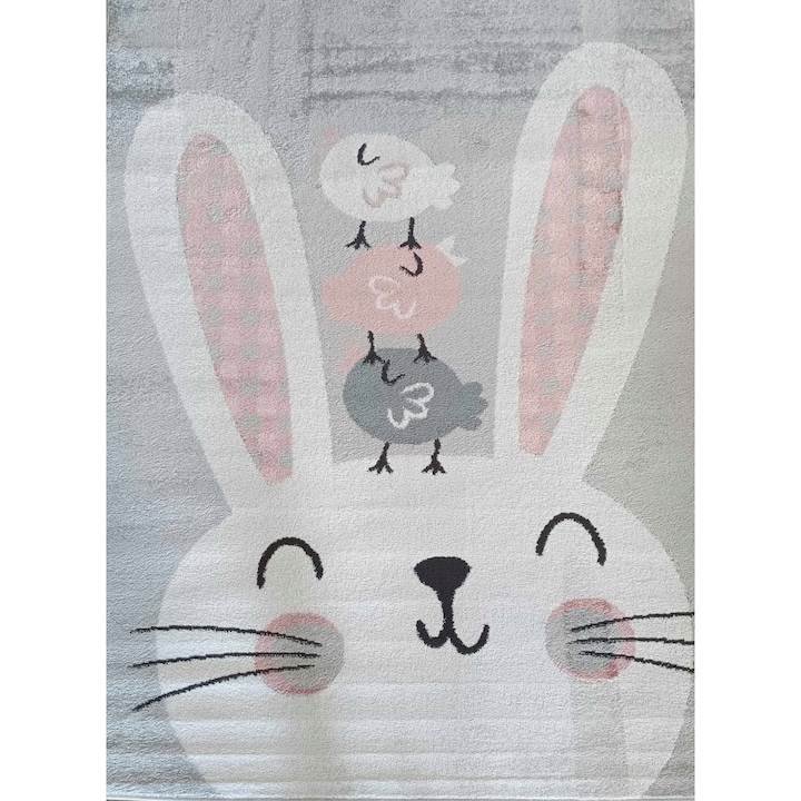 Covor pentru copii, 80x150 cm, iepuras, gri/roz, fir scurt, moale, Certificat Oeko-Tex, pentru incalzire prin pardoseala, 1650g/m2, polipropilena frise