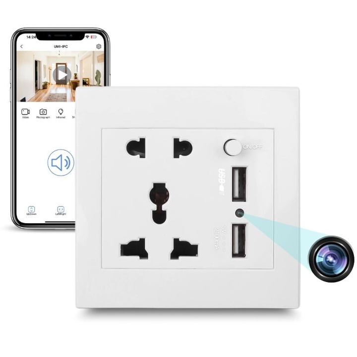 Camera Spion in Priza Universala de perete iUni PR2, Wi-Fi, Full HD, 2 porturi USB-A, Slot Card MicroSD