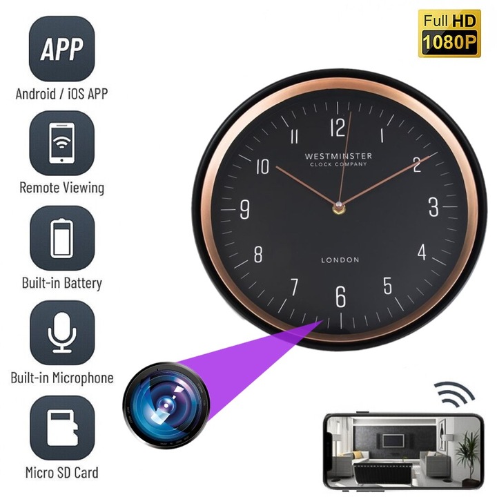 WiFi шпионска камера, MCPNB01, скрита в стенен часовник, 5MP Full HD, аудио-видео запис, детекция на движение и приложение на живо