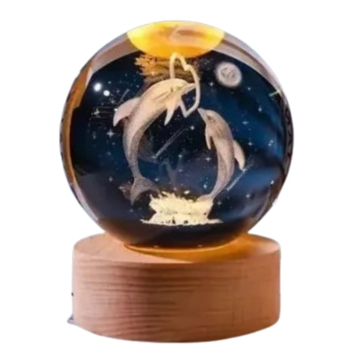 Delfines éjjeli lámpa, 3D, kristálygömb és fa talp, 10 cm, Velve