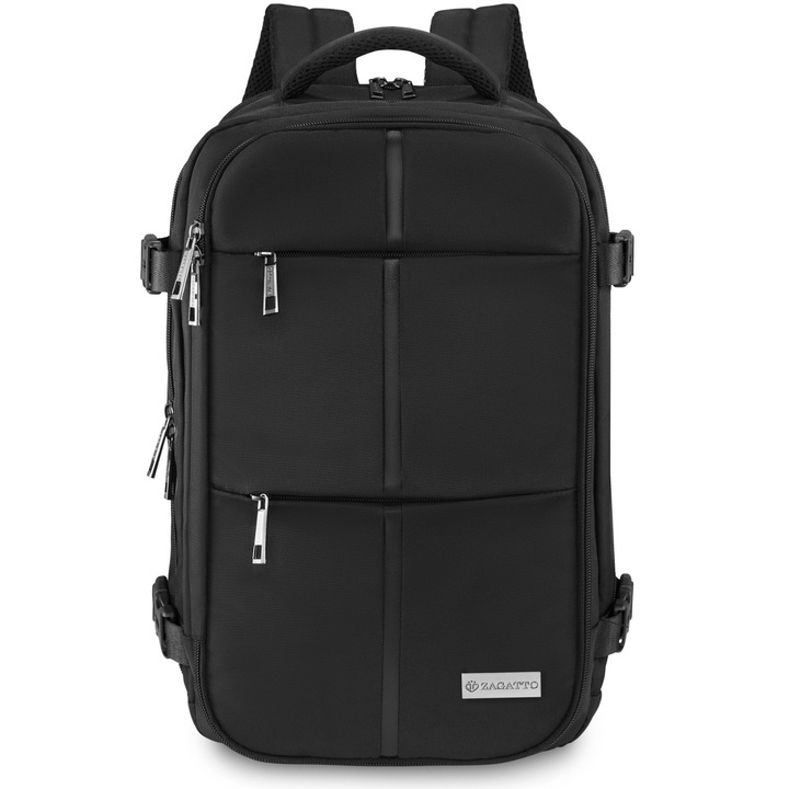 Раница за пътуване, Zagatto, Черна, Ръчен багаж 40x30x20 см, Съвместима с Wizz Air, Ryanair, Компресионни презрамки, Прикрепяща се към куфар, Водоустойчива, Капацитет 24L, 10 кг, Отваряне на 90 градуса, ZG1056