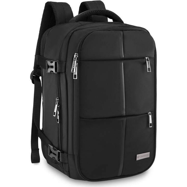 Раница за пътуване, Zagatto, Черна, Ръчен багаж 40x30x20 см, Съвместима с Wizz Air, Ryanair, Компресионни презрамки, Прикрепяща се към куфар, Водоустойчива, Капацитет 24L, 10 кг, Отваряне на 90 градуса, ZG1056