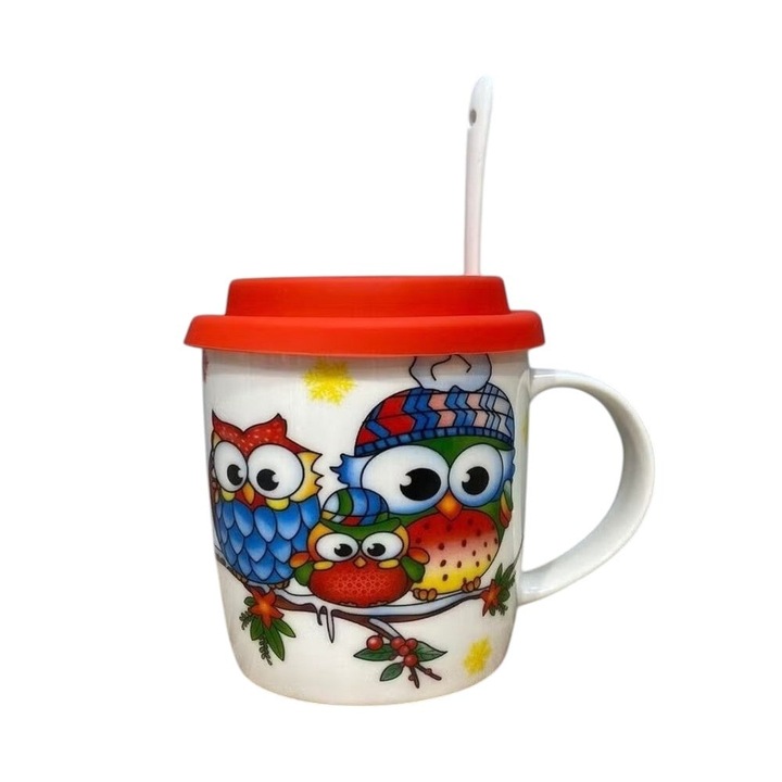 Cana Ceramica Bufnita cu Capac din Silicon si Lingurita, 370 ml, Multicolor