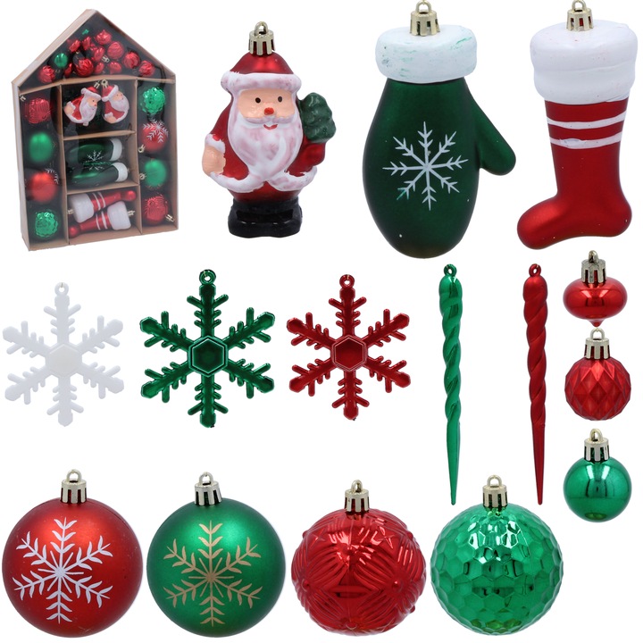 Set 66 De Globuri Si Decoratiuni, Culoare Verde-Rosu